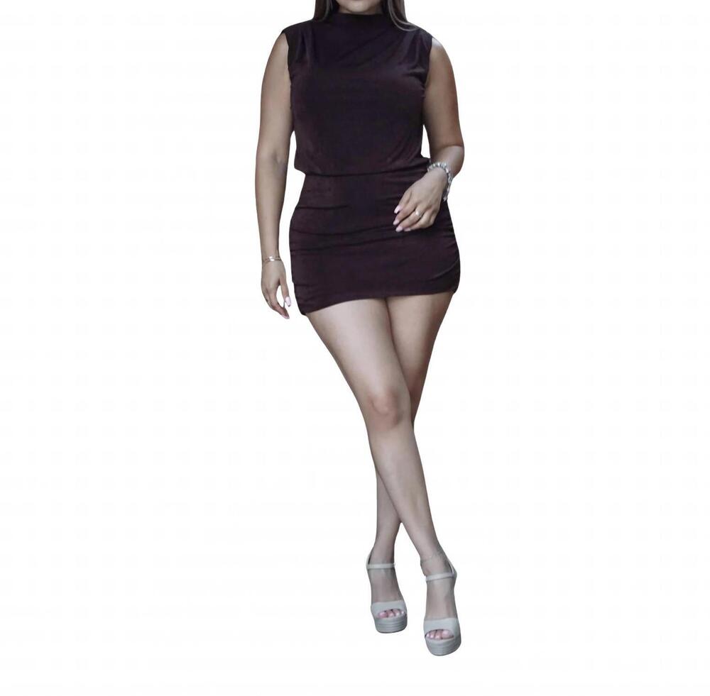 NEW EDIT BY NINE mock neck shimmer dress in brown